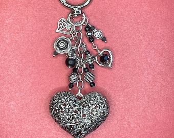 Antique Silver Heart Charm, Heart Purse Charm, Silver Heart Purse Charm, Heart Charm, Beaded Heart Charm, Heart Gift, Valentine Gift