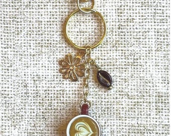 Coffee Lover Keychain: Resin Mug, Coffee Bean, Metal Flower. Coffee Gift, Keychain Accessory