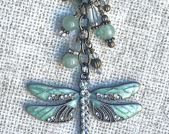 Rhinestone Dragonfly with Quartz gemstone beads Purse Charm, Purse Charm, Bling, Dragonfly Gift,  Dragonfly Charm, Insect Charm