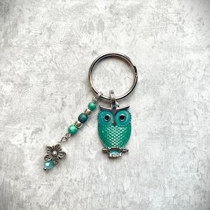 Teal Owl Keychain Charm: Beaded Metal Owl Keyring. Owl Charm, Owl Gift, Animal Charm, Keychain Charm