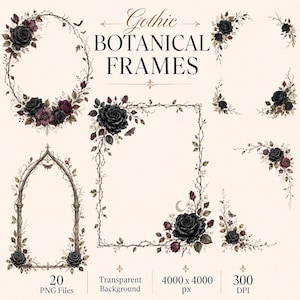 Op de afbeelding: Een verzameling digitale grafische kaders met zwarte en donkerrode rozen, doornige ranken, kleine vleermuizen en maansikkelaccenten. De tekst luidt Gothic BOTANICAL FRAMES, 20 PNG Files, Transparent Background, 4000 x 4000 px, 300 DPI.