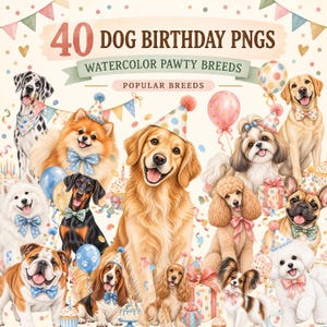 Pode incluir: Uma coleção digital de 40 arquivos PNG de aniversário de cães em aquarela com várias raças usando chapéus de festa e gravatas-borboleta, cercados por balões, confetes e presentes. O texto diz 40 DOG BIRTHDAY PNGS, WATERCOLOR PAWTY BREEDS, POPULAR BREEDS.