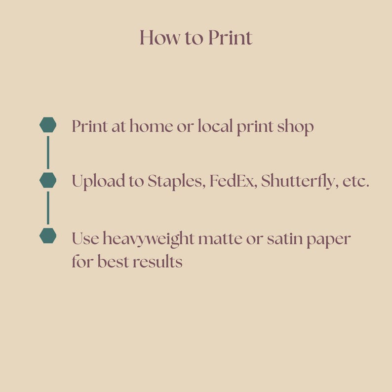 May include: A beige graphic with the text "How to Print" at the top. Below, three bullet points detail printing instructions: print at home or a local shop, upload to Staples, FedEx, or Shutterfly, and use heavyweight matte or satin paper.