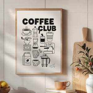 Stampa Coffee Club: Poster retrò da cucina in bianco e nero (download digitale)