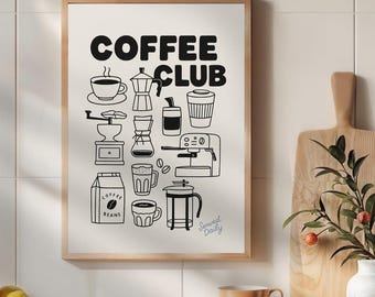 Coffee Club Print, Retro Black and White Kitchen Poster, Digital Download Coffee Art