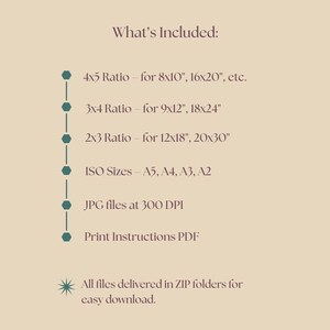 May include: A beige graphic with the text "What's Included:" followed by a list of file formats and sizes, including 4x5, 3x4, and 2x3 ratios, ISO sizes A5-A2, JPG files at 300 DPI, and a Print Instructions PDF. All files are delivered in ZIP folders.
