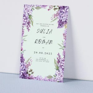 Sjabloon bruiloft uitnodiging, uitnodigingskaart, bloemen, bloemen, sjabloon, boho Wildflower, canvas sjabloon, afdrukken, huwelijksuitnodiging, lila