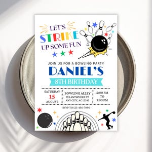 Convite para festa de boliche, convite para aniversário de boliche, convite para boliche infantil, vamos nos divertir, cartão de pista de boliche, modelo editável
