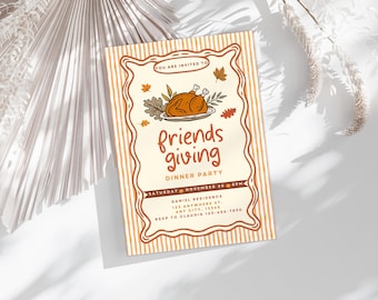 May include: A rectangular invitation card with a cream background and orange accents. The card features the text "Friends Giving Dinner Party" with an illustration of a roasted turkey. The invitation includes the date, time, and location.