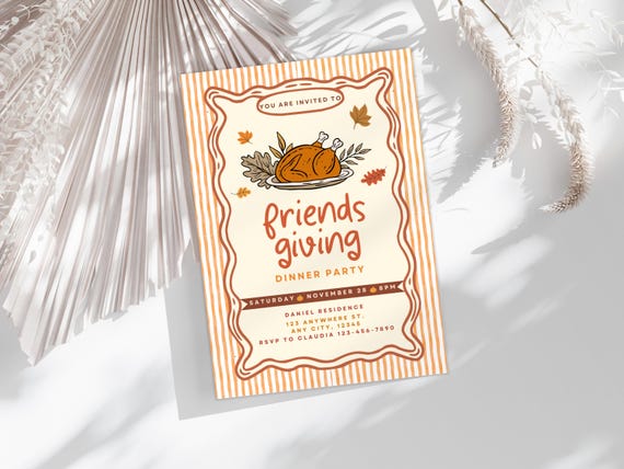 Friendsgiving Dinner Party Invitation, Fall Thanksgiving Potluck Invite, Holiday Dinner Party for Friends, Autumn Turkey Pumpkin, Editable