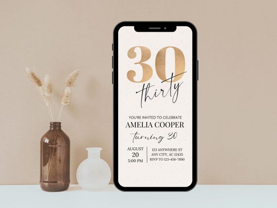 Digital 30th Birthday Invitation, 30th E-Invite, 30th Birthday Evite, 30th Party Invite, Digital 30 Invitation, Gold Black Invitation