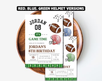 May include: A printable football-themed birthday invitation for an 8th birthday party. The invitation features a green, white, and brown football helmet with the text "Jordan's 8th Birthday" and the date and time of the party.