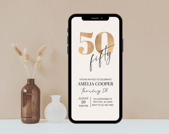 Digitale 50. Geburtstagseinladung, 50. E-Invite, 50. Geburtstag Evite, 50. Party einladen, Digital 50 Einladung, Gold-Schwarz-Einladung