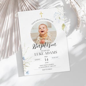 Baptism Photo Invitation Template, Christening Invitation, Minimalist Baptism Invite for Boy Girl, Baptism Invite Instant Download Printable