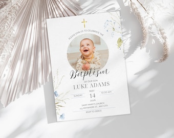 Baptism Photo Invitation Template, Christening Invitation, Minimalist Baptism Invite for Boy Girl, Baptism Invite Instant Download Printable