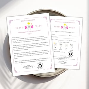 Carta y recibo del Hada de los Dientes, recibo de recogida del Hada de los Dientes, recibo de pago y certificado de visita del Hada de los Dientes rosa, nota para niños sobre la pérdida de dientes.