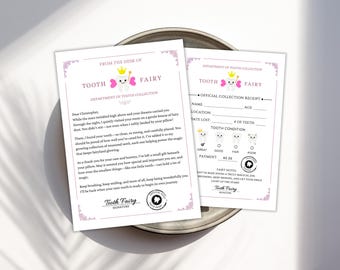 Tooth Fairy Letter and Receipt, Tooth Fairy Collection Receipt, Pink Tooth Fairy Payment Receipt And Visit Certificate, Lost Tooth Note Kids