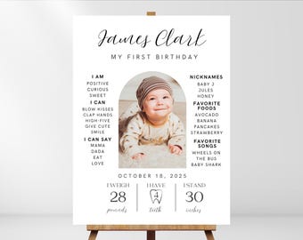 Può includere: Un poster bianco con testo nero che celebra il primo compleanno di un bambino. Il poster include il nome del bambino, James Clark, e dettagli sul suo primo anno, tra cui il suo peso, l'altezza e i suoi cibi e canzoni preferiti. Una foto del bambino è in primo piano al centro del poster.
