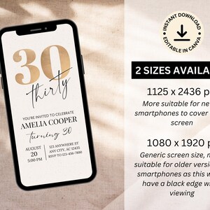 Puede incluir: Una maqueta de pantalla de tel&eacute;fono digital con una invitaci&oacute;n de fiesta de cumplea&ntilde;os n&uacute;mero 30 en dorado y negro. La invitaci&oacute;n dice "Est&aacute;s invitado a celebrar Amelia Cooper que cumple 30 a&ntilde;os" con la fecha, la hora y la informaci&oacute;n de RSVP. La invitaci&oacute;n est&aacute; dise&ntilde;ada en un estilo minimalista moderno.