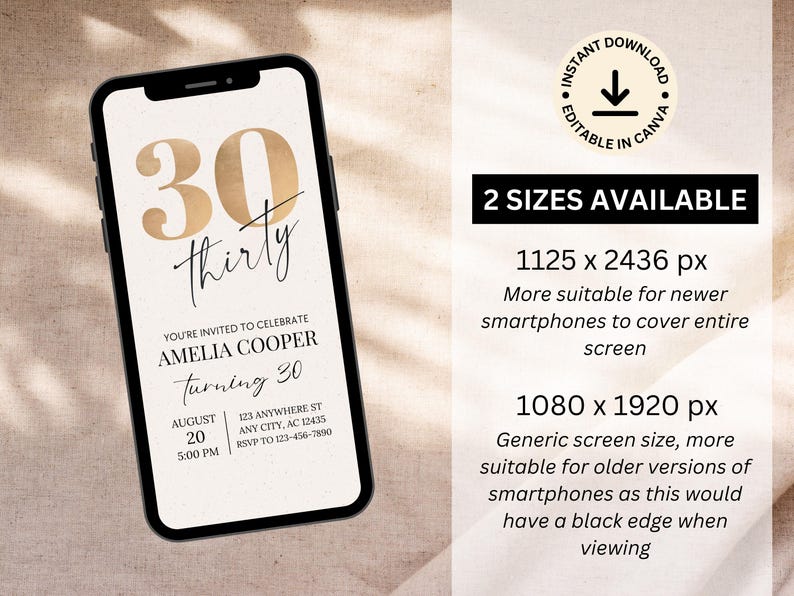 Puede incluir: Una maqueta de pantalla de tel&eacute;fono digital con una invitaci&oacute;n de fiesta de cumplea&ntilde;os n&uacute;mero 30 en dorado y negro. La invitaci&oacute;n dice "Est&aacute;s invitado a celebrar Amelia Cooper que cumple 30 a&ntilde;os" con la fecha, la hora y la informaci&oacute;n de RSVP. La invitaci&oacute;n est&aacute; dise&ntilde;ada en un estilo minimalista moderno.