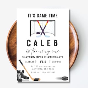 Invitation d'anniversaire de hockey sur glace modifiable pour tous les âges, temps de jeu, invitation d'anniversaire de hockey garçon, modèle d'invitation de hockey, invitation de sport de tout âge