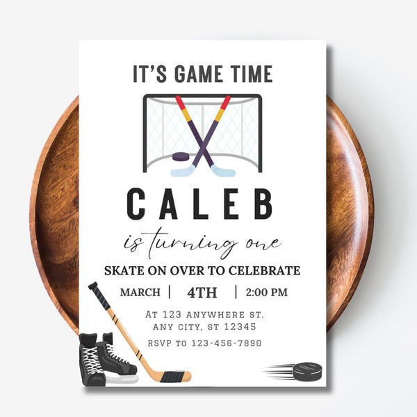 Bearbeitbar Eishockey-Geburtstagseinladung für alle Altersgruppen, Spielzeit, Junge Hockey-Geburtstags-Einladung, Hockey-Einladungsvorlage, Sport für jedes Alter