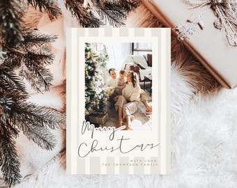 Neutral Christmas Card Template, Personalized Holiday Family Photo Card, Modern Minimalistic Holiday Card, Digital Download Editable