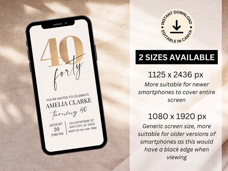 K&ouml;nnte beinhalten: Ein Smartphone zeigt eine digitale Einladung zum 40. Geburtstag von Amelia Clarke. Das Design zeigt goldene Zahlen und Schrift, mit Veranstaltungsdetails. Das Bild zeigt auch zwei Gr&ouml;&szlig;enoptionen f&uuml;r die digitale Datei.
