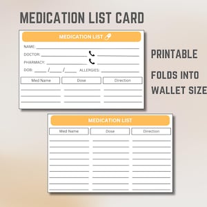 Medicijnenlijstkaart, portemonneekaart, medicatieopberger in zakformaat, naslagwerk voor medische noodgevallen, reiskaart, medische informatie