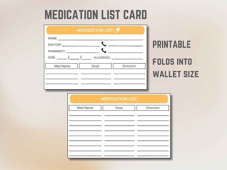 File Header Medication Medication List Card, Wallet Card, Pocket-sized Medication Organizer ...