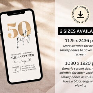 Puede incluir: Un tel&eacute;fono inteligente muestra una invitaci&oacute;n digital para el 50 cumplea&ntilde;os de Amelia Cooper. El dise&ntilde;o presenta texto dorado y una est&eacute;tica minimalista. La invitaci&oacute;n incluye la fecha, la hora y la informaci&oacute;n de RSVP. Hay dos opciones de tama&ntilde;o disponibles.