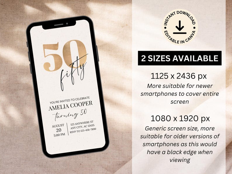 Puede incluir: Un tel&eacute;fono inteligente muestra una invitaci&oacute;n digital para el 50 cumplea&ntilde;os de Amelia Cooper. El dise&ntilde;o presenta texto dorado y una est&eacute;tica minimalista. La invitaci&oacute;n incluye la fecha, la hora y la informaci&oacute;n de RSVP. Hay dos opciones de tama&ntilde;o disponibles.