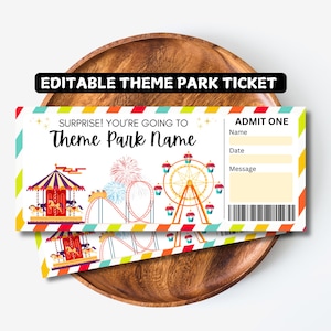 Bearbeitbares Freizeitparkticket, Eintritt zum Vergnügungspark, Überraschungsgeschenkreise, lustige Erfahrung, Geschenkgutscheinzertifikat, druckbare Vorlage