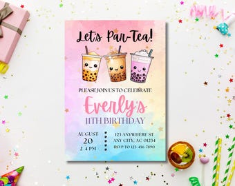 Boba Tea-Geburtstagsfeier-Einladung, Bubble Tea-Thema einladen, Mädchen-Par-Tea, jedes Alter Alle Alter Kinder Erwachsene bearbeitbare druckbare Vorlage