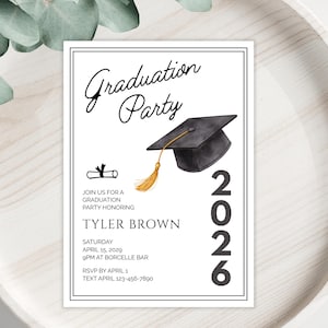 May include: A white invitation card with the words "Graduation Party" in elegant script. A graduation cap with a gold tassel is featured. The card includes details for a graduation party honoring Tyler Brown, with the year 2026.