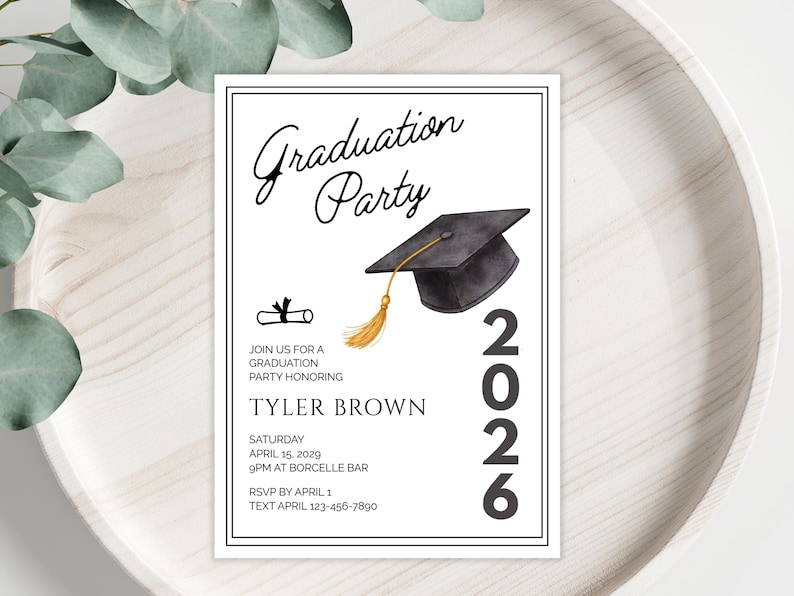 May include: A white invitation card with the words "Graduation Party" in elegant script. A graduation cap with a gold tassel is featured. The card includes details for a graduation party honoring Tyler Brown, with the year 2026.