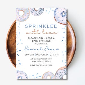 Blue Donut Baby Sprinkle Invitation, Donuts Boy Baby Sprinkle Invite, Baby Shower, Sprinkled With Love, Printable Editable Template