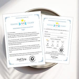 Carta y recibo del Hada de los Dientes, recibo de recogida del Hada de los Dientes, recibo de pago y certificado de visita del Hada de los Dientes Azul, nota para niños sobre la pérdida de dientes.