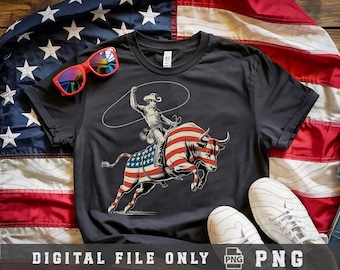 Patriotic American Rodeo Cowboy PNG, Retro Western Cowgirl, Rodeo Shirt Cowboy, Sublimation Design, Rodeo Bull Rider USA Flag