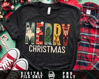 May include: Black t-shirt with the words "MERRY CHRISTMAS" in colorful, festive letters. The letters feature holiday-themed illustrations, including a snowman, Santa Claus, a Christmas tree, a reindeer, and a nutcracker. Red sneakers and a plaid shirt are also visible.