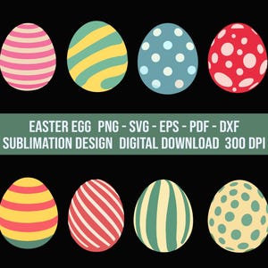 May include: Set of ten digital Easter egg designs in various patterns. The eggs are pink and white striped, green and yellow striped, blue with white polka dots, red with white polka dots, yellow with green polka dots, red and white striped, green and yellow striped, blue with white polka dots, red with white polka dots, and yellow with green polka dots.