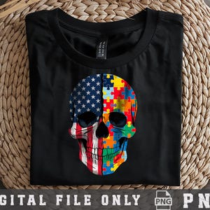 Skull Autism Puzzle Png, Patriotic Usa Flag Autism Skull, Autism Awareness Month, Skull with colorful Autism png, Autism png