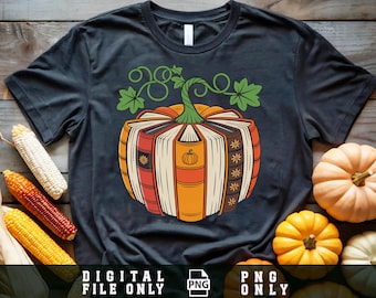 May include: Dark gray t-shirt featuring a pumpkin design made of books. The pumpkin has a green vine and leaves, with the books in shades of orange, red, and yellow. The text "DIGITAL FILE ONLY" and "PNG ONLY" is at the bottom.