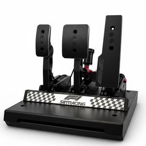 May include: Black racing simulator pedal set with three pedals. The set includes a base with the text "SIMRACING" and a checkered flag design. The pedals are black with silver accents.