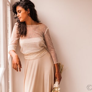 Tulle wedding gown, Long sleeve wedding gown, Tulle wedding dress with sleeve, Light beige wedding dress, Beige wedding gown with sleeves