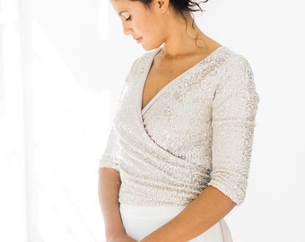 Long sleeve bridal top, sequin wedding top, bridal separates top, shimmer open back bolero, convertible bridal topper long sleeve, mimetik