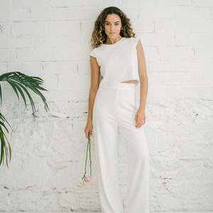 White palazzo bridal pantsuit with sequin top, open back - casual dress, civil wedding, engagement, rehearsal dinner, wedding trousers
