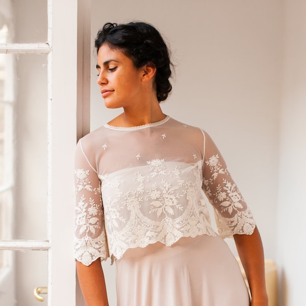 Boho ślubny top z tiulu z haftem i rękawami trzy czwarte