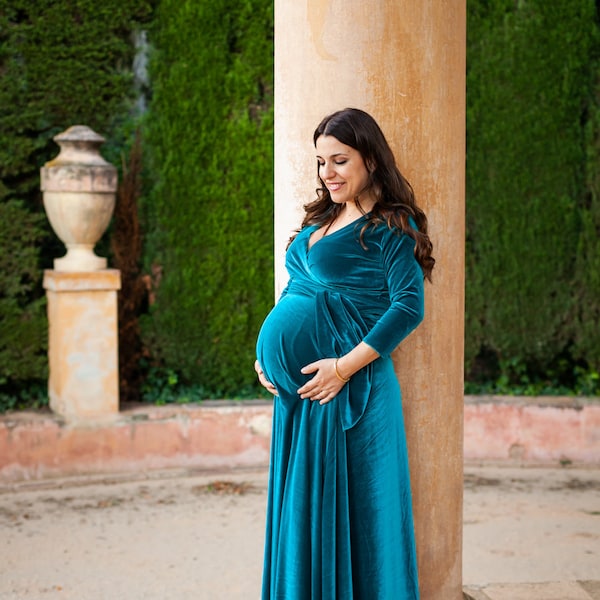 Robe de maternité, robe verte de douche de bébé de velours pour demoiselle d’honneur, robe de velours de maman-à-être, invité de mariage à manches longues de robe de maternité