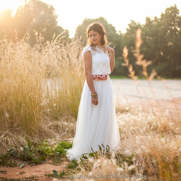 Two piece wedding dress for elopement, white lace wedding elopement dress, halter wedding dress boho,  intimate boho wedding dress